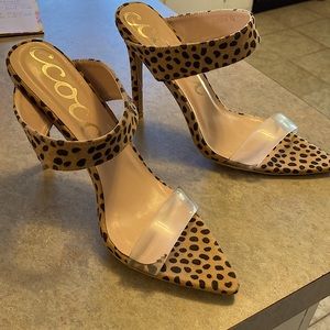 ccocci leopard heels, size 8 1/2, never been worn, clear strap